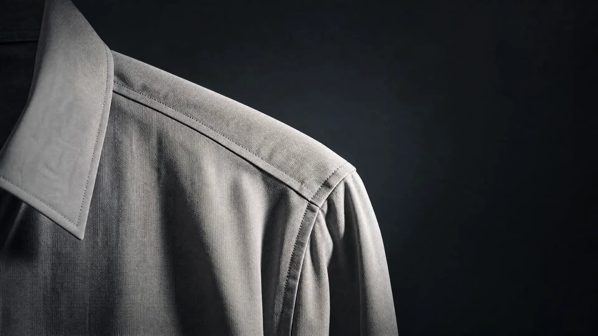The shoulder and collar of a plain grey shirt, lit from one side so the seams and the weave are visible.