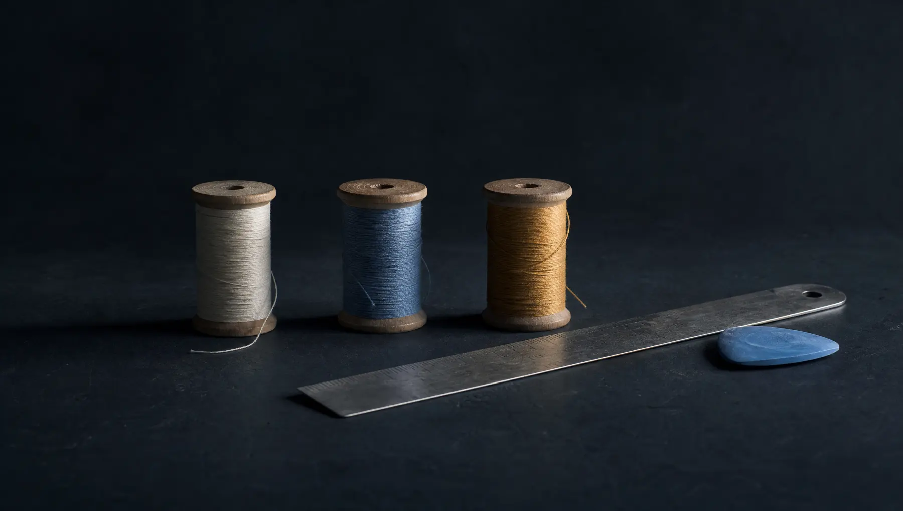 Three thread spools, a steel rule and a piece of blue tailor's chalk arranged on a dark surface.