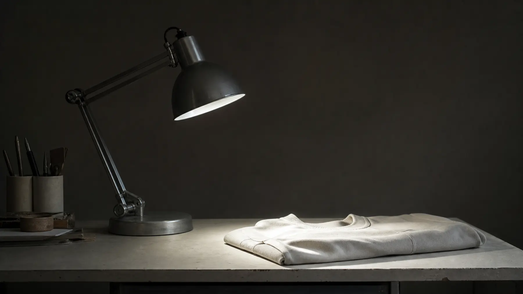 A task lamp throwing a hard pool of light across a folded garment on a workbench.